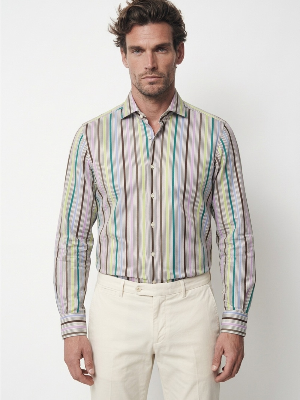 Etro Milano Mens Multi-Color Striped Long Sleeve Button Down Shirt Size 39 Italy